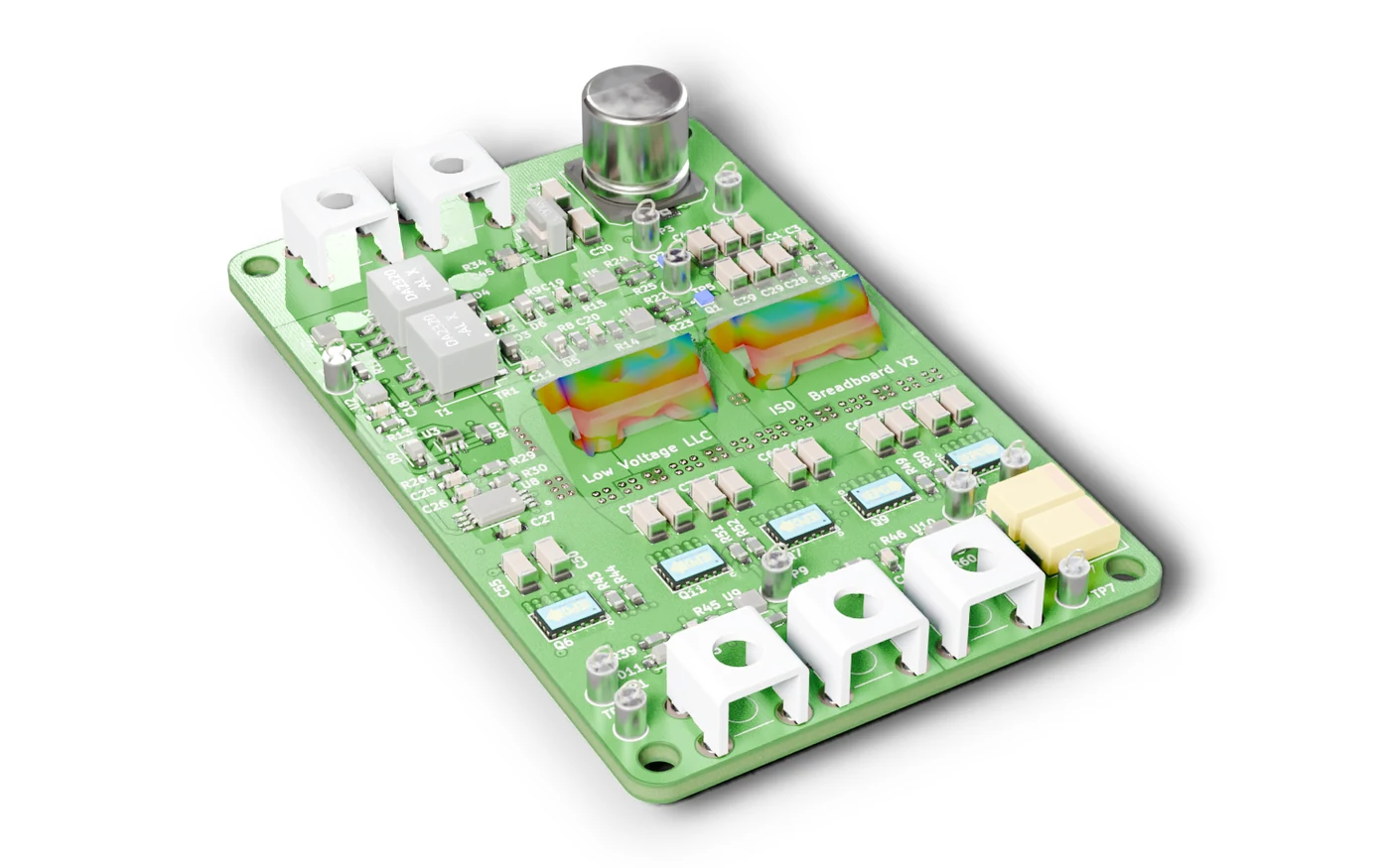 LVHI breadboard, matrix LLC converter, with the simulated magnetic field in its planar cores