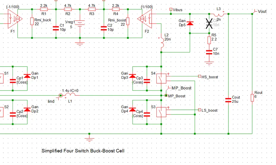 Simulation schematic of a four-switch buck-boost cell