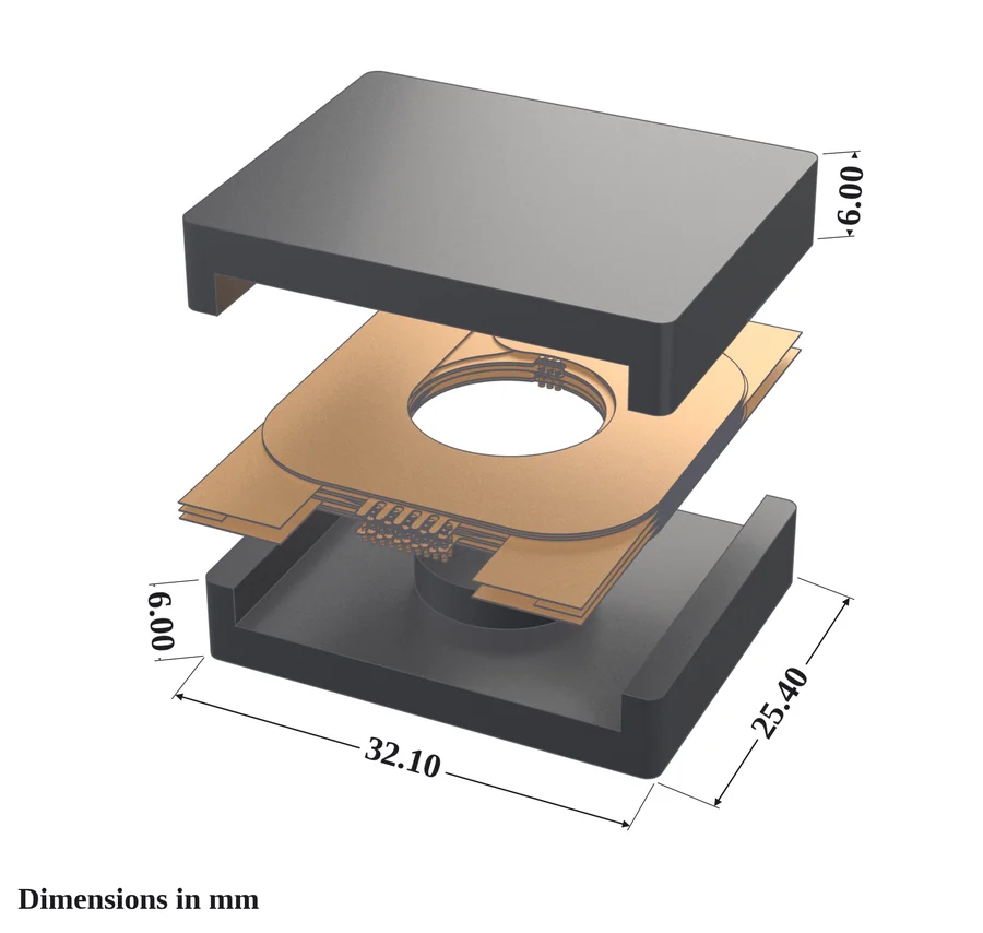 Exploded view of the ADHA planar magnetic core and PCB winding layers, dimensioned