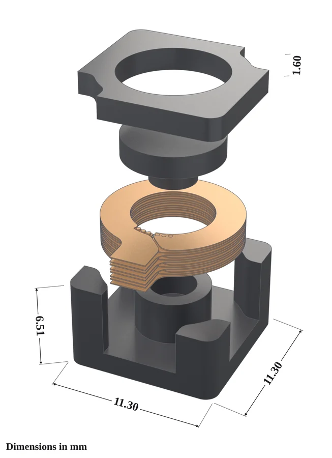 Exploded view of the PCB-integrated planar inductor: ferrite core halves and copper winding layers, dimensioned